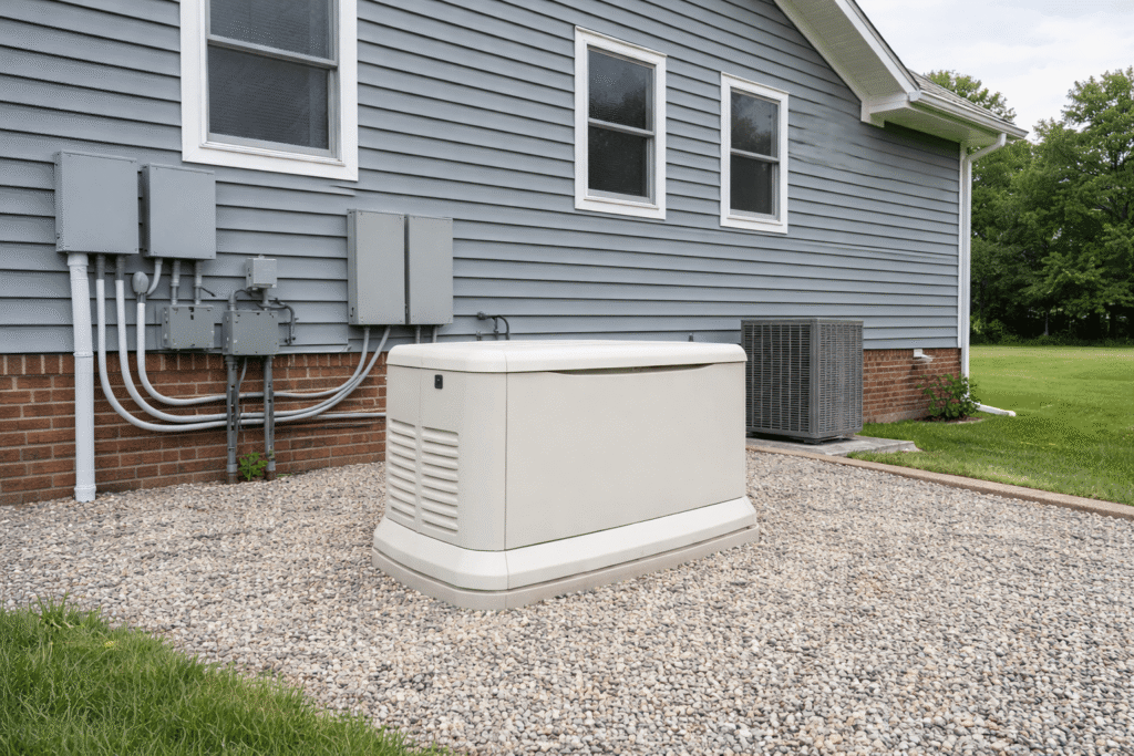 Whole home standby generator installed next to residential house exterior