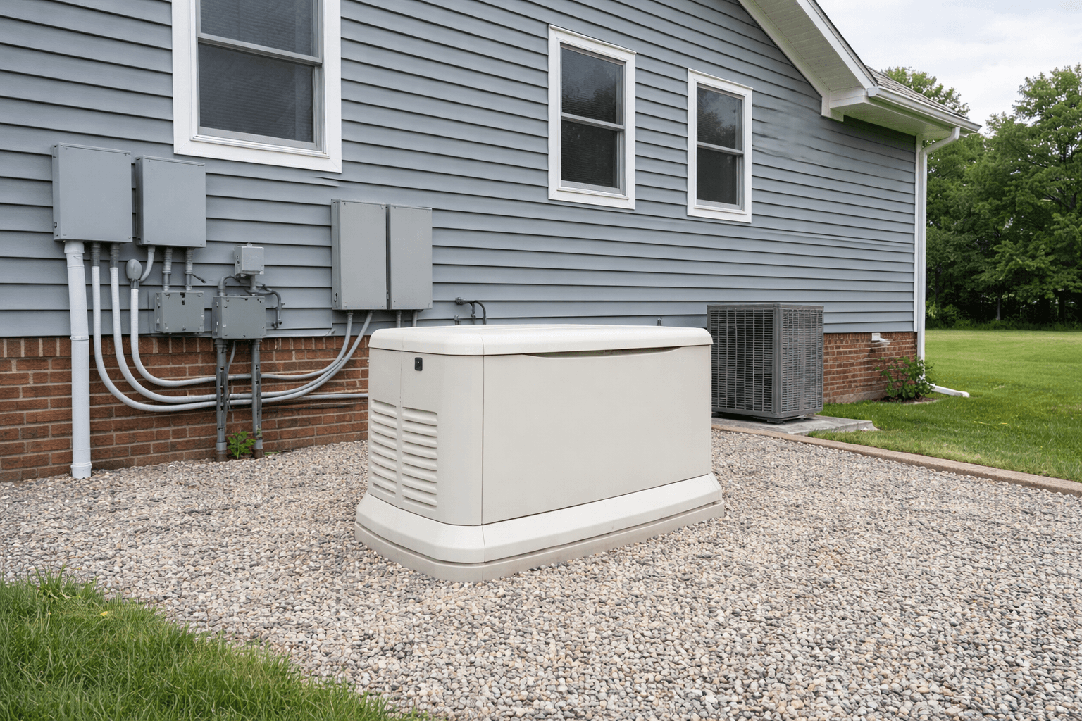 Whole home standby generator installed next to residential house exterior